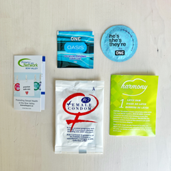 #2: 2x vaginal condoms, lube, dental dam & STI testing info